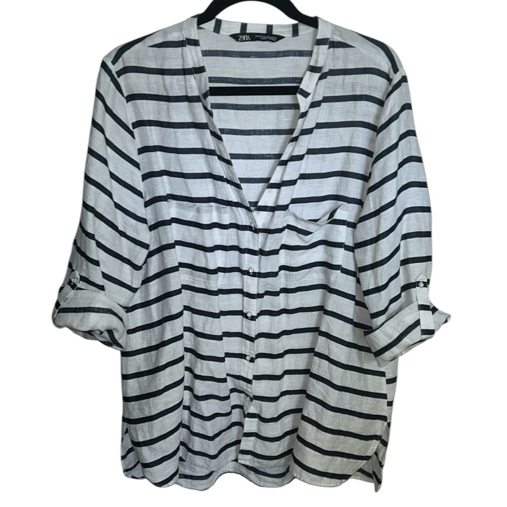 Zara Linen Navy & White Striped Button-Up Shirt with chest pockets (XXL)